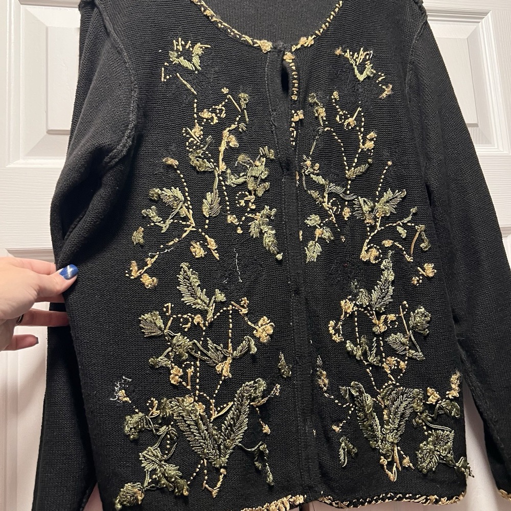 Vintage Arriviste Black Floral Beaded Button Up Cardigan Sweater Cotton Blend L - Picture 11 of 16